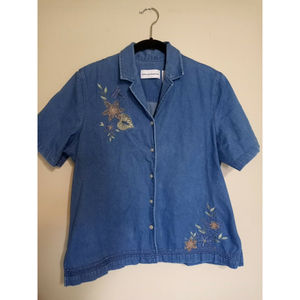 Alfred Dunner Vintage Short Sleeve Jean Top Embroidered Flowers Size 12